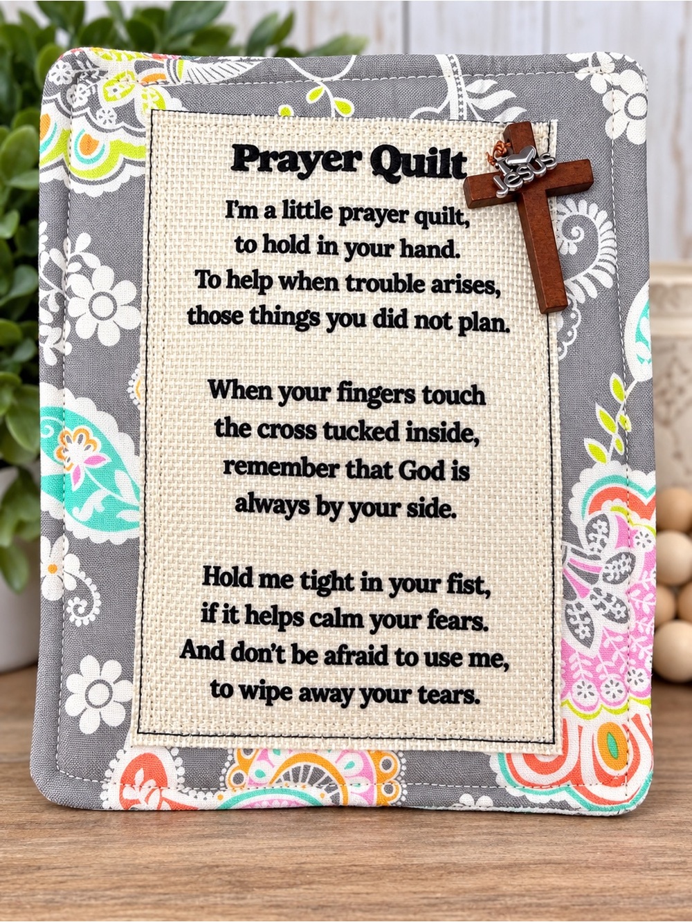 Prayer Quilt Pocket Wall Hanging with Cross - Gray Floral